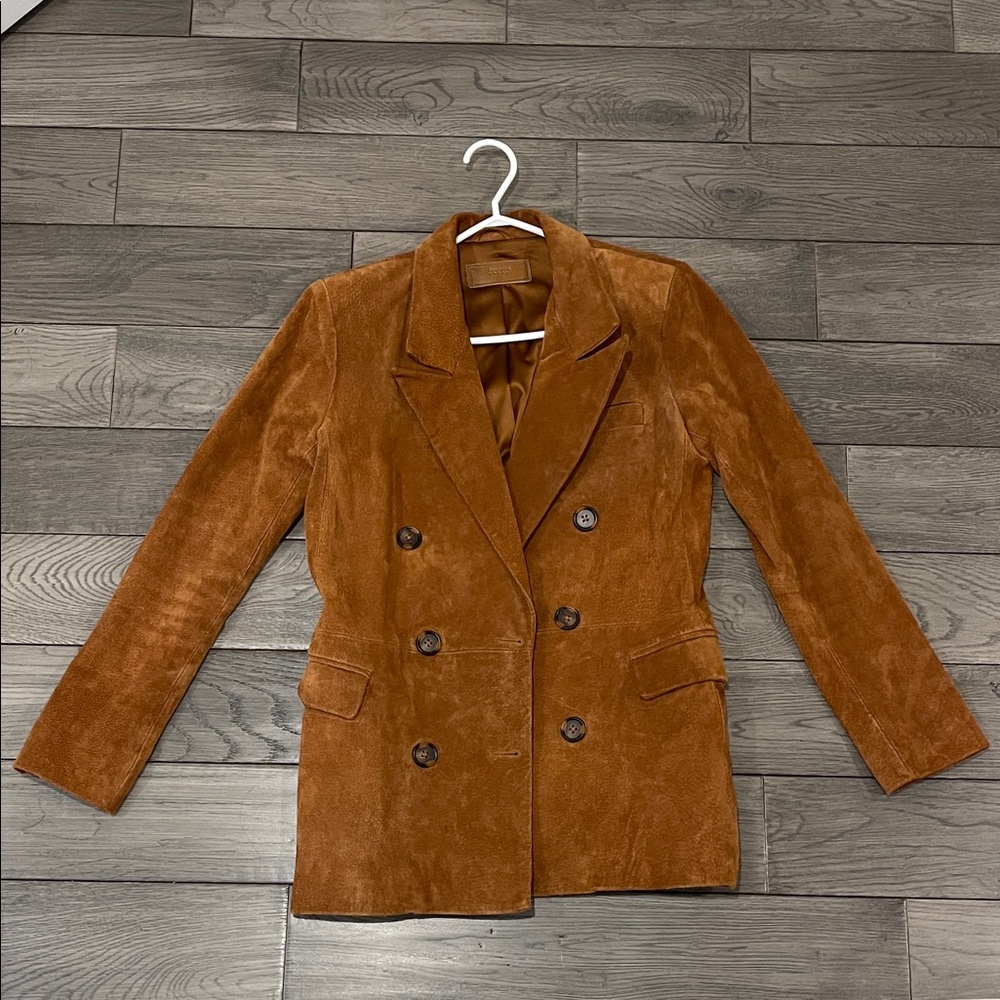 Blank NYC Tan 100% Genuine Leather Suede Double-Breasted Blazer
